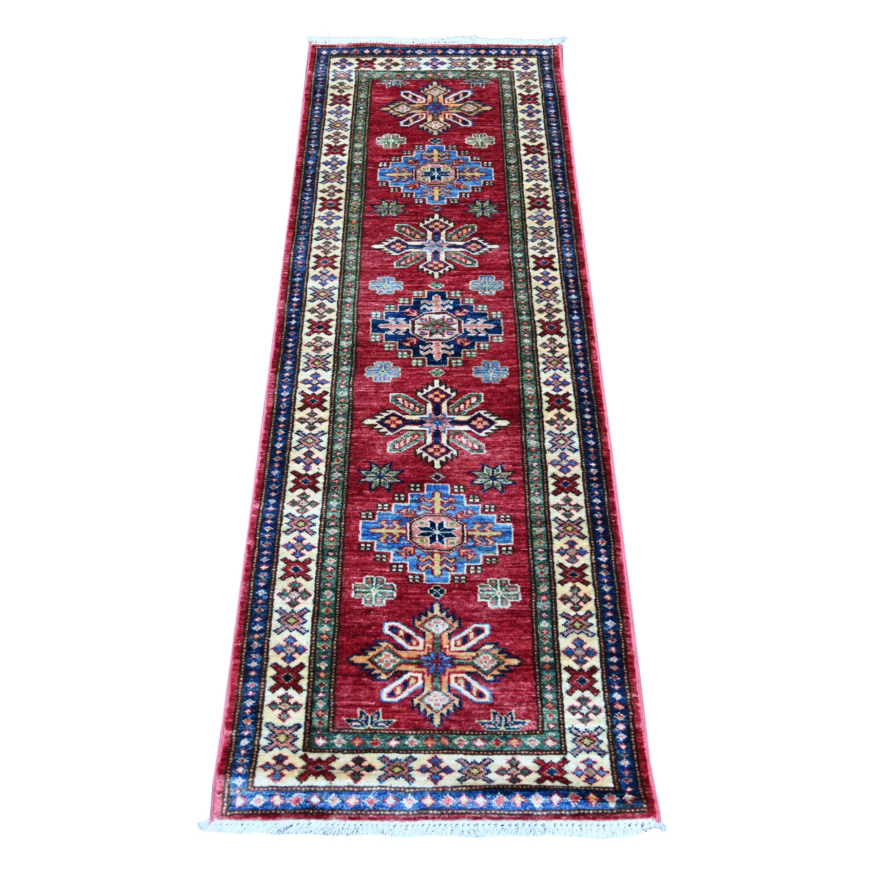 Savvy Red, Afghan Super Kazak with Tribal Medallions Design, Hand Knotted, Pure Wool, Vegetable Dyes, Short & Narrow Runner, Oriental Rug